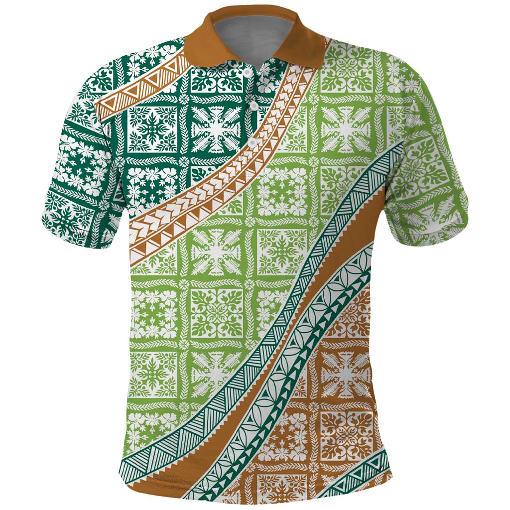 Hawaiian Quilt Pattern Polo Shirt Green Chestnut Color Mixed - Polynesian Pride