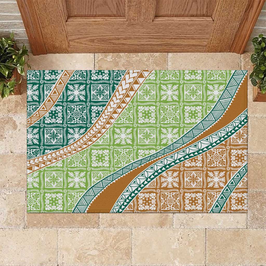 Hawaiian Quilt Pattern Rubber Doormat Green Chestnut Color Mixed - Polynesian Pride