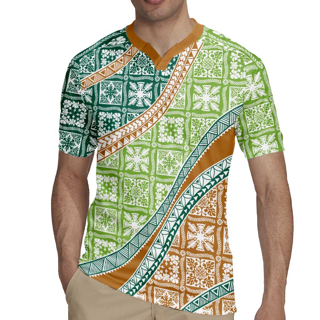 Hawaiian Quilt Pattern Rugby Jersey Green Chestnut Color Mixed - Polynesian Pride