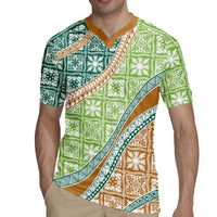 Hawaiian Quilt Pattern Rugby Jersey Green Chestnut Color Mixed - Polynesian Pride