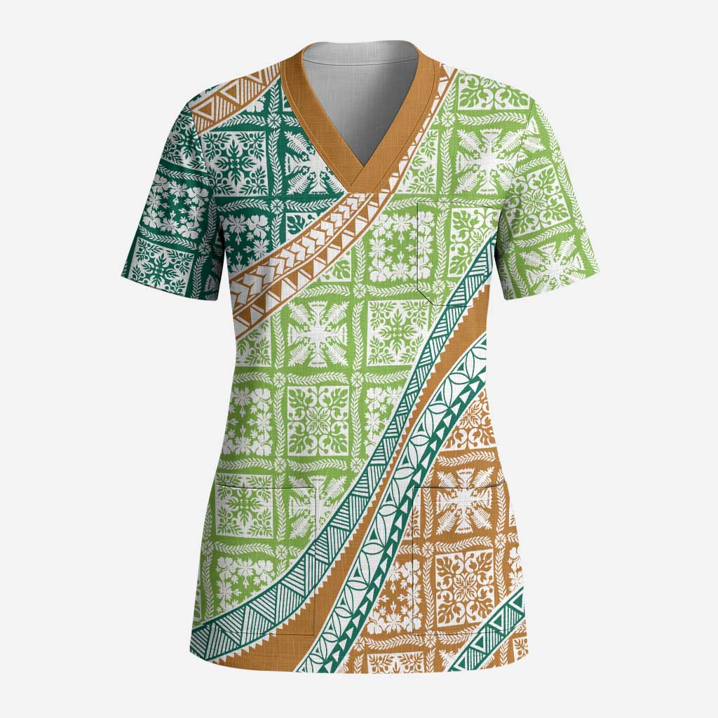 Hawaiian Quilt Pattern Scrub Top Green Chestnut Color Mixed - Polynesian Pride