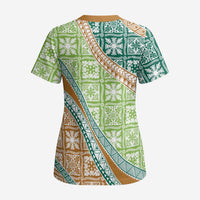 Hawaiian Quilt Pattern Scrub Top Green Chestnut Color Mixed - Polynesian Pride
