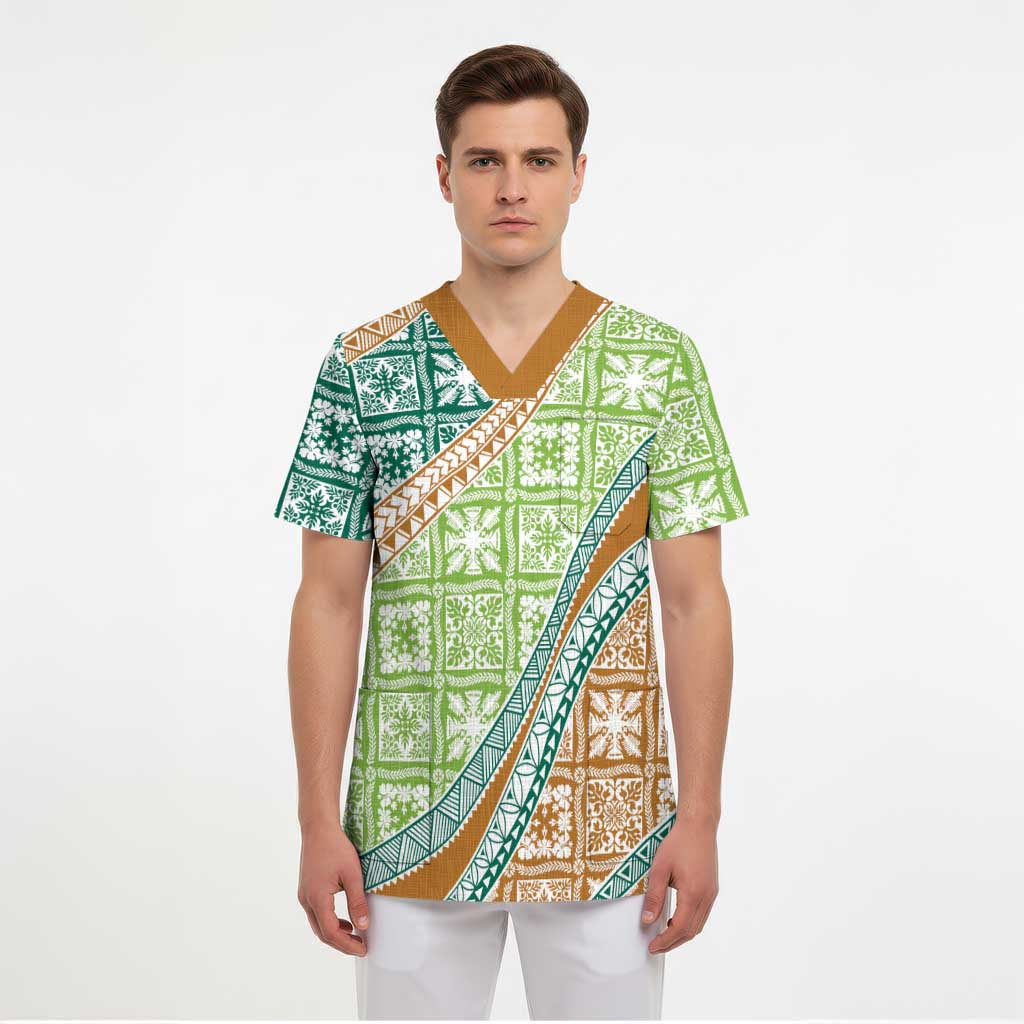 Hawaiian Quilt Pattern Scrub Top Green Chestnut Color Mixed - Polynesian Pride