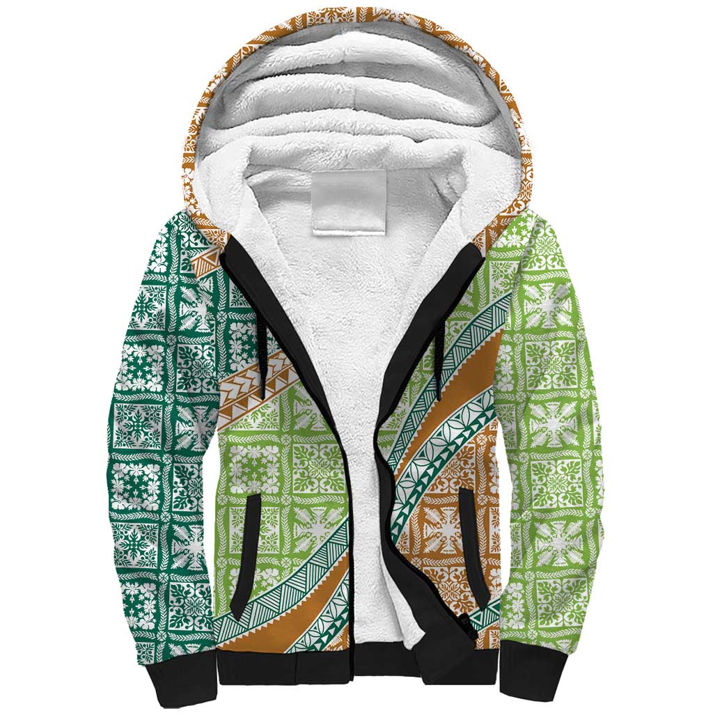Hawaiian Quilt Pattern Sherpa Hoodie Green Chestnut Color Mixed - Polynesian Pride