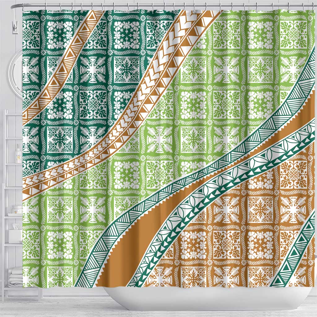 Hawaiian Quilt Pattern Shower Curtain Green Chestnut Color Mixed - Polynesian Pride