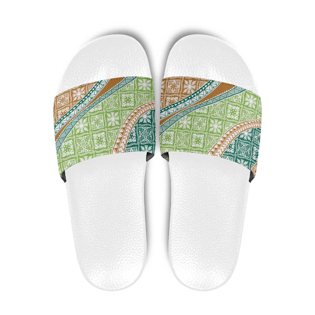 Hawaiian Quilt Pattern Slide Sandals Green Chestnut Color Mixed - Polynesian Pride