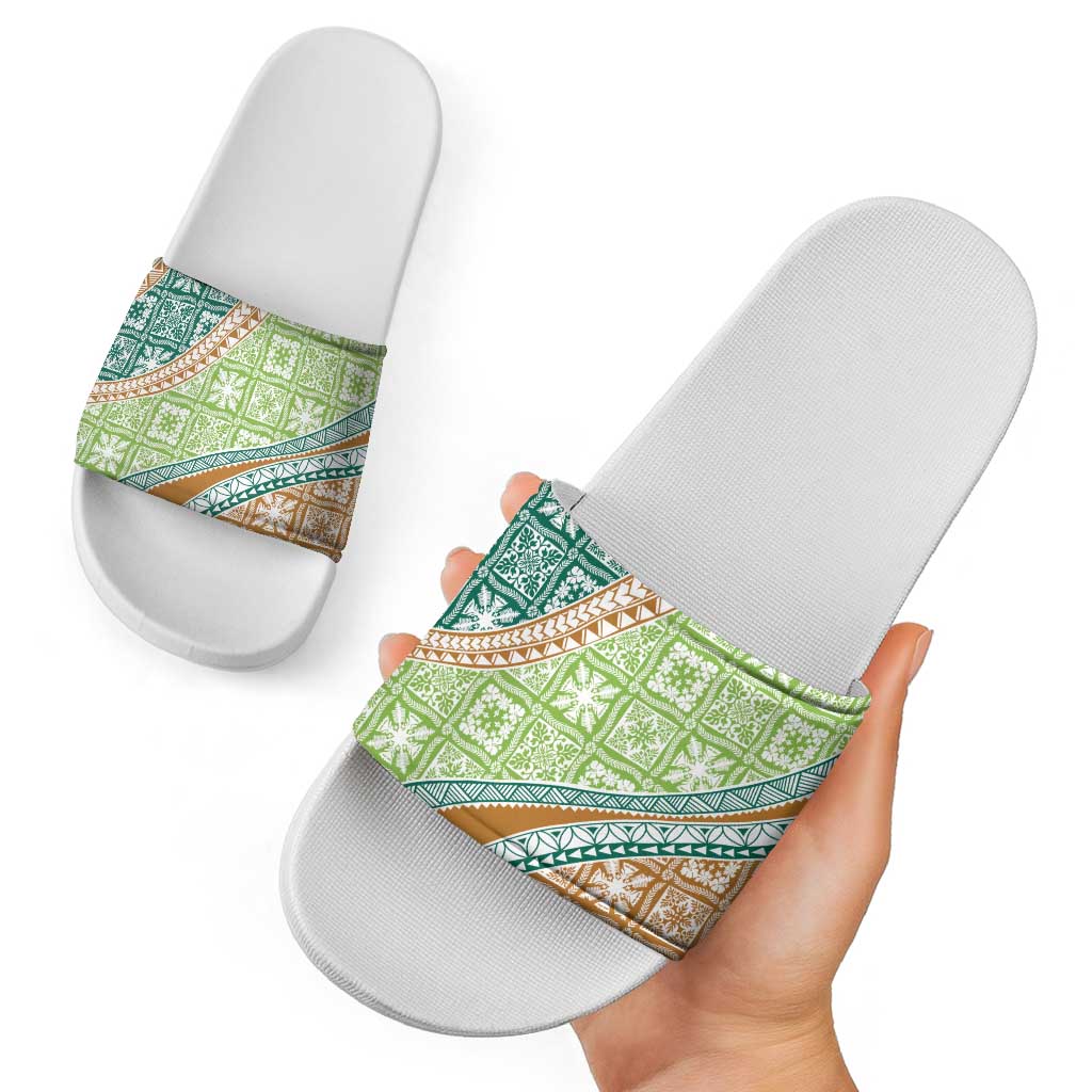 Hawaiian Quilt Pattern Slide Sandals Green Chestnut Color Mixed - Polynesian Pride