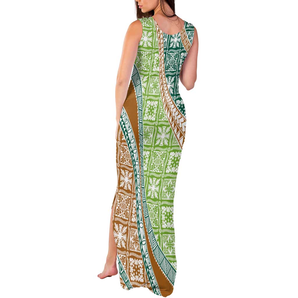 Hawaiian Quilt Pattern Tank Maxi Dress Green Chestnut Color Mixed - Polynesian Pride
