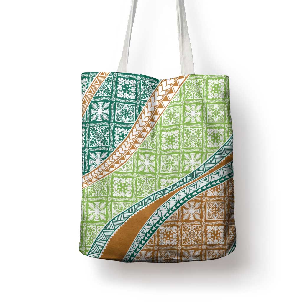 Hawaiian Quilt Pattern Tote Bag Green Chestnut Color Mixed - Polynesian Pride