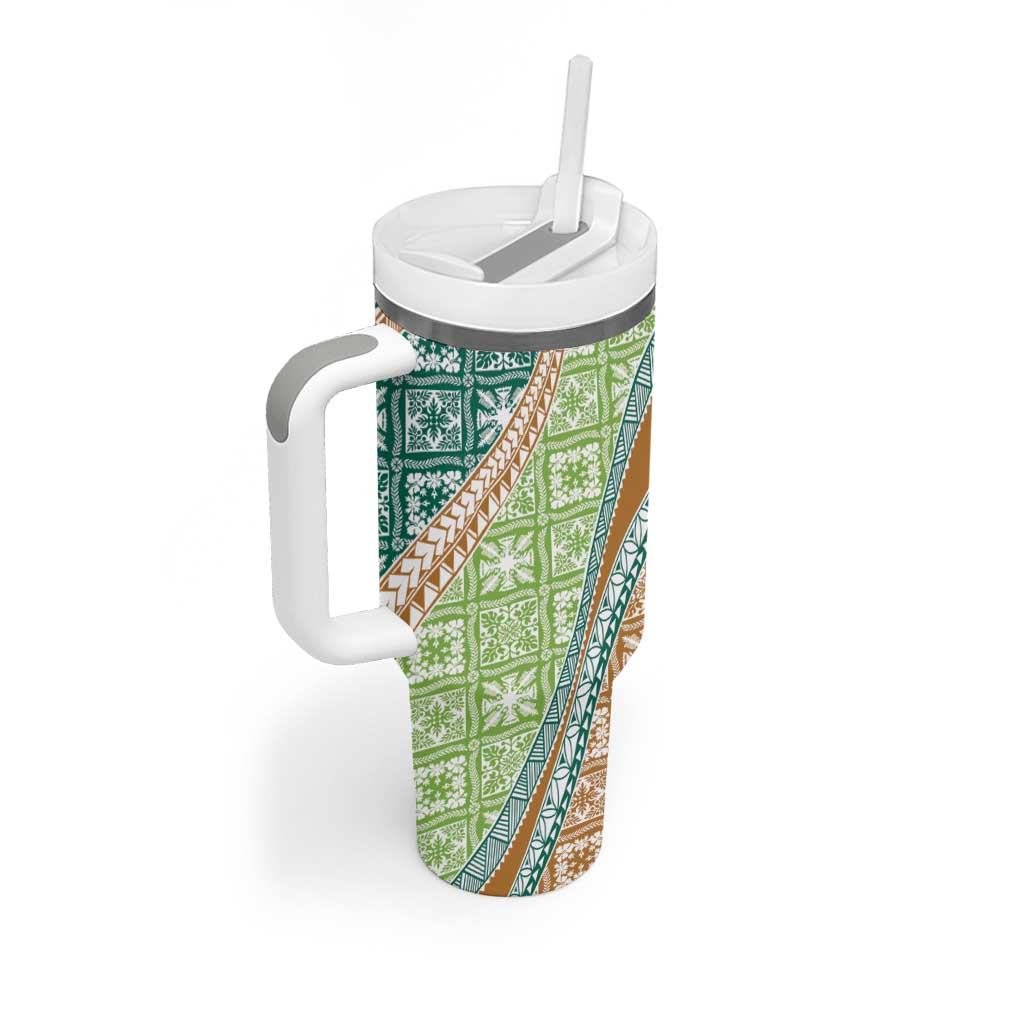 Hawaiian Quilt Pattern Tumbler With Handle Green Chestnut Color Mixed - Polynesian Pride