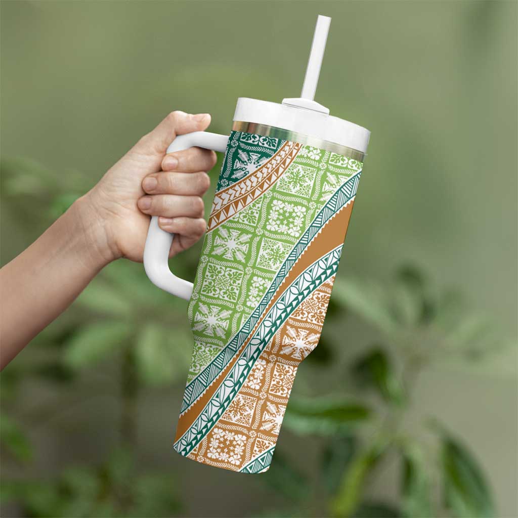Hawaiian Quilt Pattern Tumbler With Handle Green Chestnut Color Mixed - Polynesian Pride
