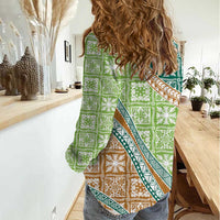 Hawaiian Quilt Pattern Women Casual Shirt Green Chestnut Color Mixed - Polynesian Pride