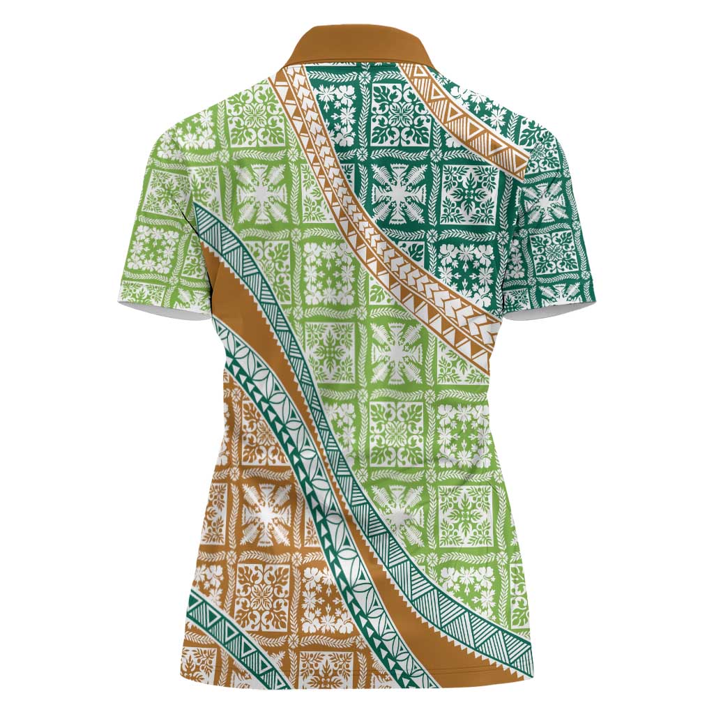Hawaiian Quilt Pattern Women Polo Shirt Green Chestnut Color Mixed - Polynesian Pride