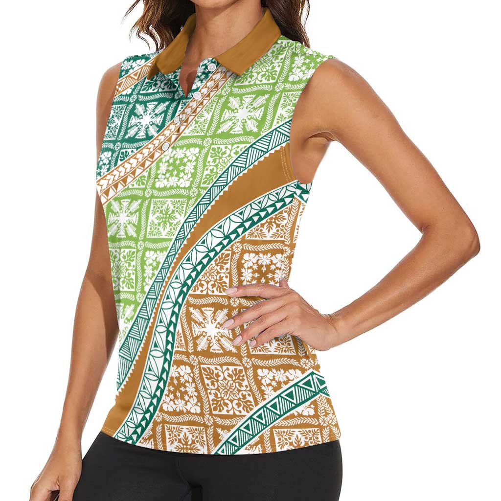 Hawaiian Quilt Pattern Women Sleeveless Polo Shirt Green Chestnut Color Mixed - Polynesian Pride