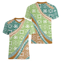 Hawaiian Quilt Pattern Women V-Neck T-Shirt Green Chestnut Color Mixed - Polynesian Pride
