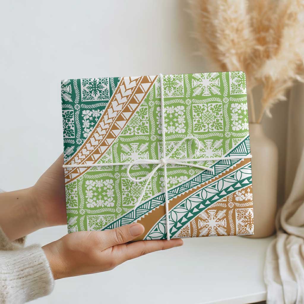 Hawaiian Quilt Pattern Wrapping Paper Green Chestnut Color Mixed - Polynesian Pride