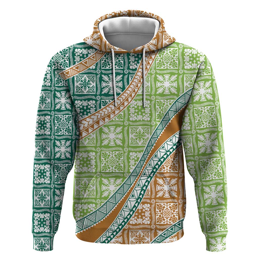 Hawaiian Quilt Pattern Zip Hoodie Green Chestnut Color Mixed - Polynesian Pride
