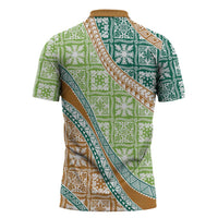 Hawaiian Quilt Pattern Zipper Polo Shirt Green Chestnut Color Mixed - Polynesian Pride