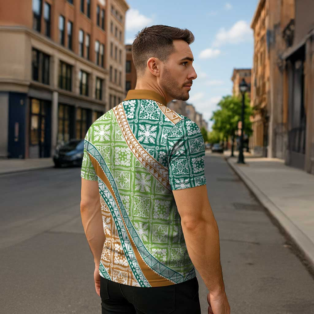 Hawaiian Quilt Pattern Zipper Polo Shirt Green Chestnut Color Mixed - Polynesian Pride