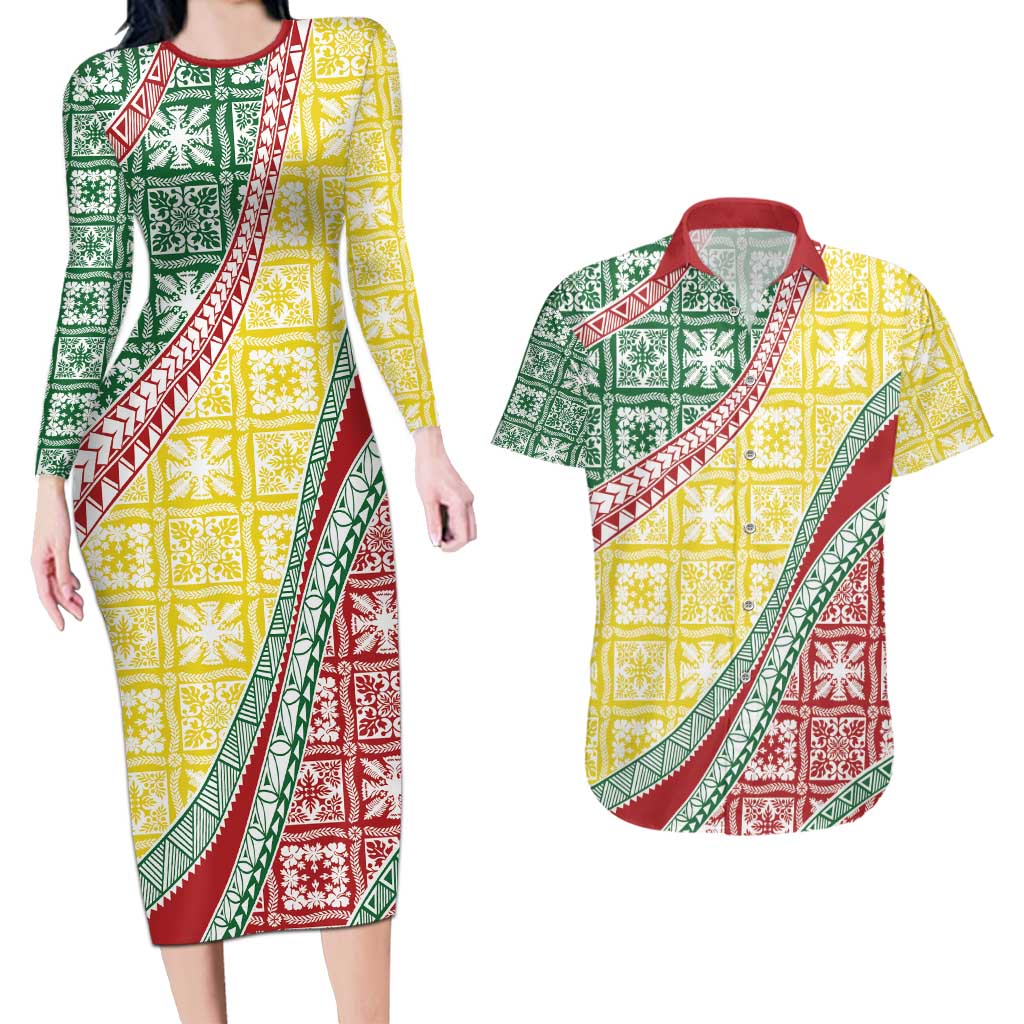 Hawaiian Quilt Pattern Couples Matching Long Sleeve Bodycon Dress and Hawaiian Shirt Special Color Mixed - Polynesian Pride