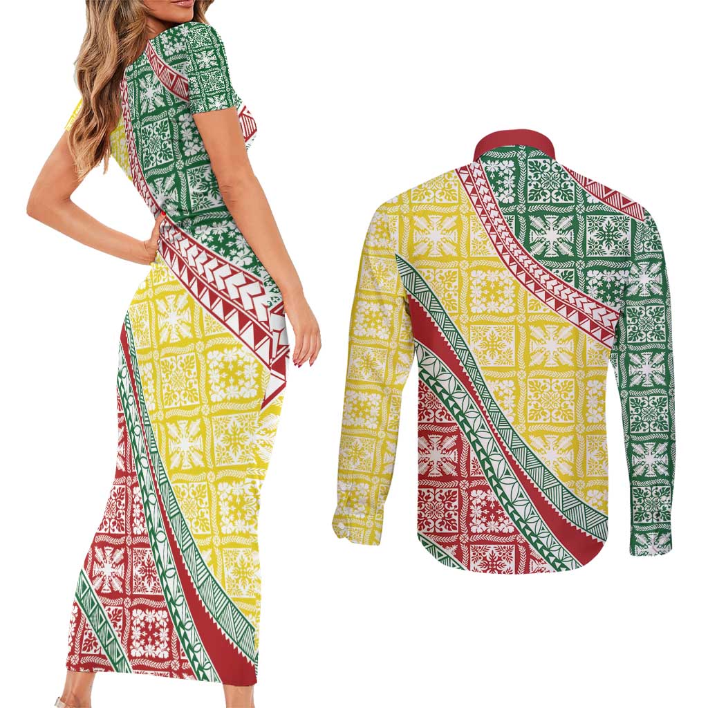 Hawaiian Quilt Pattern Couples Matching Short Sleeve Bodycon Dress and Long Sleeve Button Shirt Special Color Mixed - Polynesian Pride