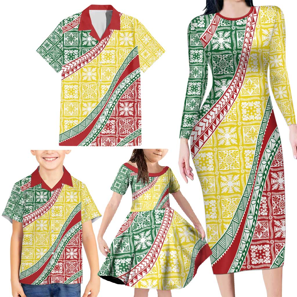 Hawaiian Quilt Pattern Family Matching Long Sleeve Bodycon Dress and Hawaiian Shirt Special Color Mixed - Polynesian Pride