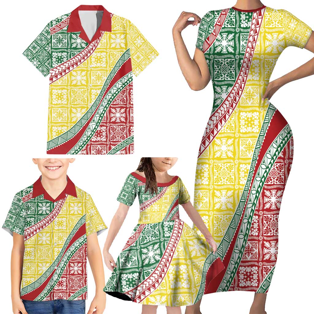 Hawaiian Quilt Pattern Family Matching Short Sleeve Bodycon Dress and Hawaiian Shirt Special Color Mixed - Polynesian Pride