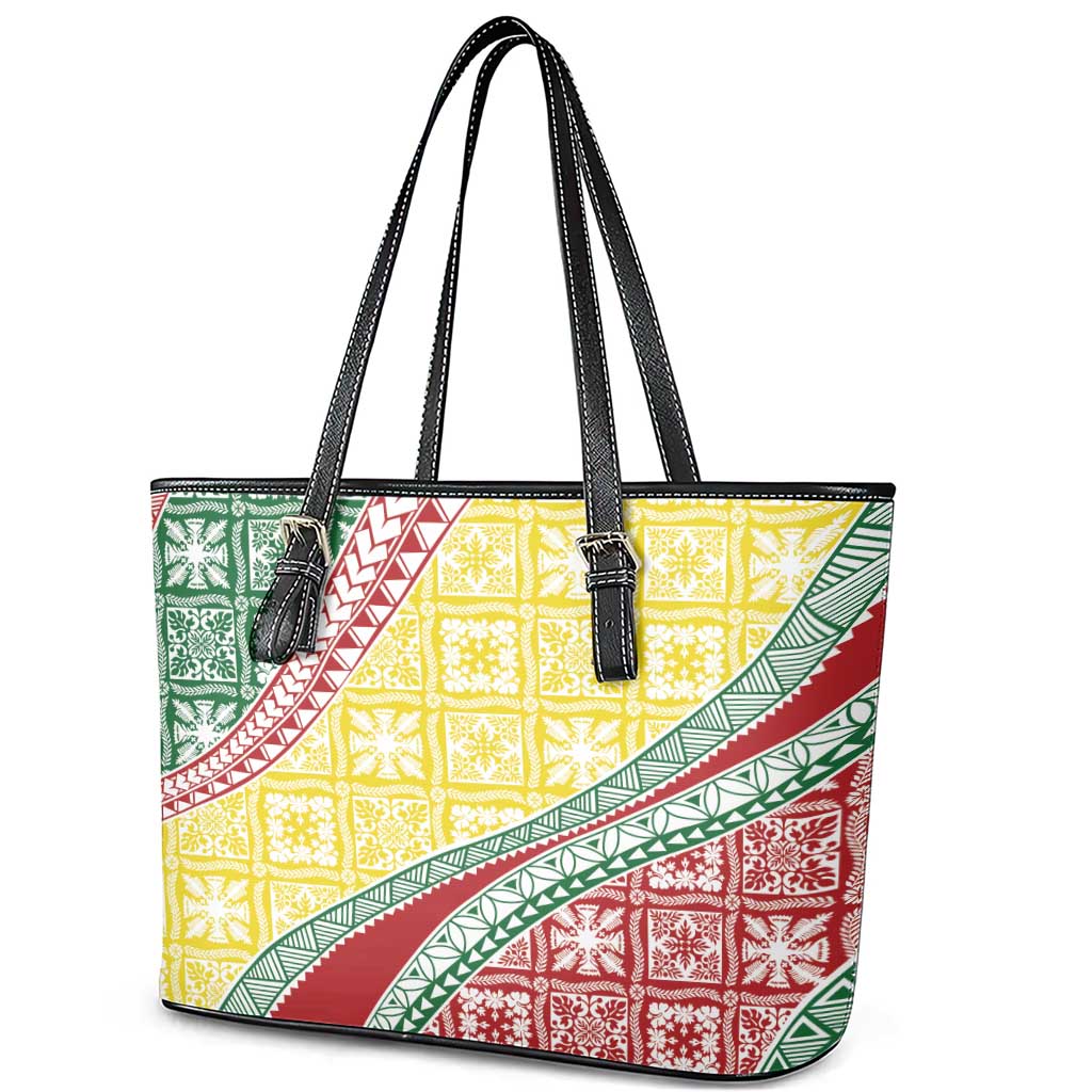 Hawaiian Quilt Pattern Leather Tote Bag Special Color Mixed - Polynesian Pride