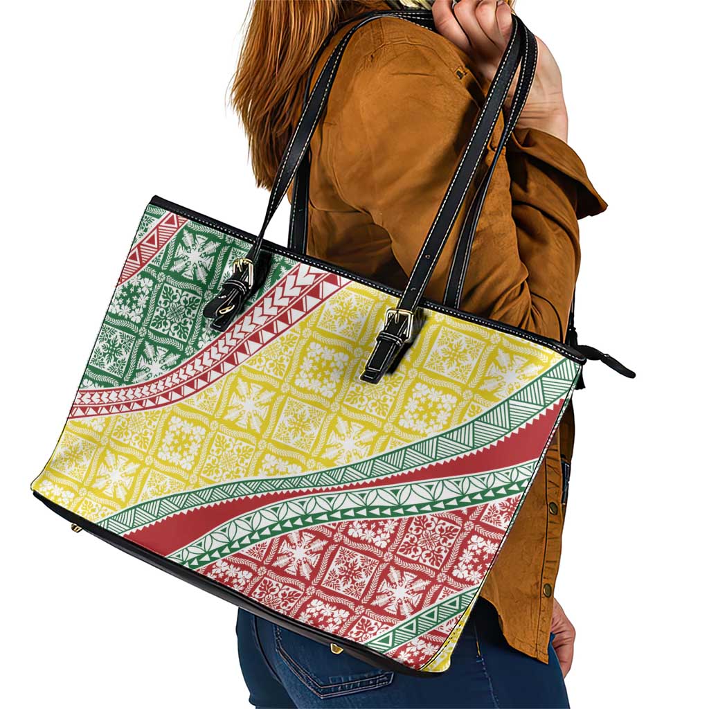 Hawaiian Quilt Pattern Leather Tote Bag Special Color Mixed - Polynesian Pride