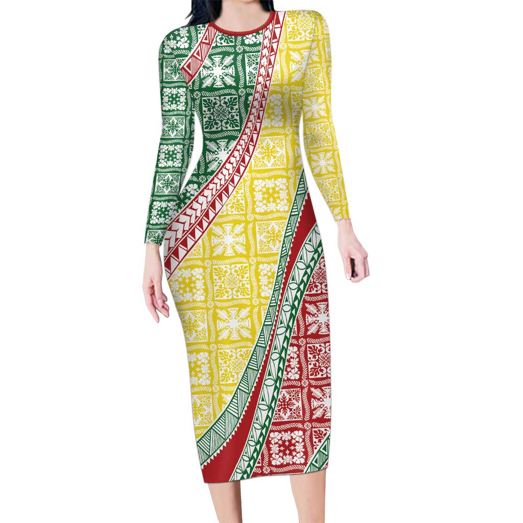 Hawaiian Quilt Pattern Long Sleeve Bodycon Dress Special Color Mixed - Polynesian Pride