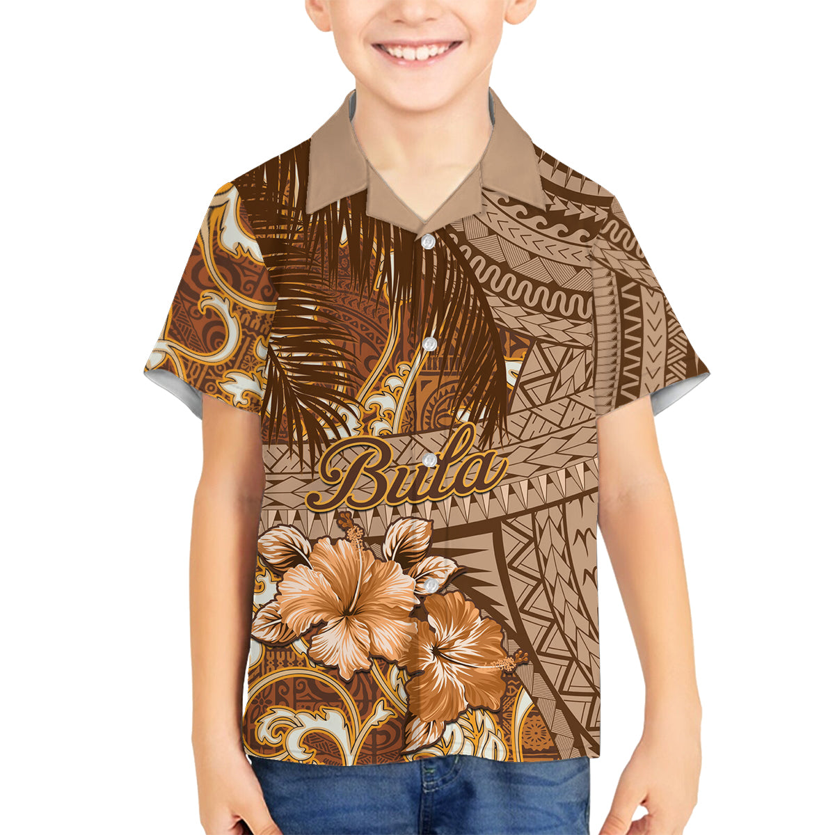 Personalised Fiji Masi Family Matching Puletasi Dress and Hawaiian Shirt Bula Fijian Masi Tapa Vintage Style LT01 Son's Shirt Brown - Polynesian Pride