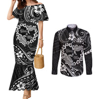 Polynesian Turtle Valentine Couples Matching Mermaid Dress and Long Sleeve Button Shirt You And Me Hibiscus Heart LT01 Black - Polynesian Pride
