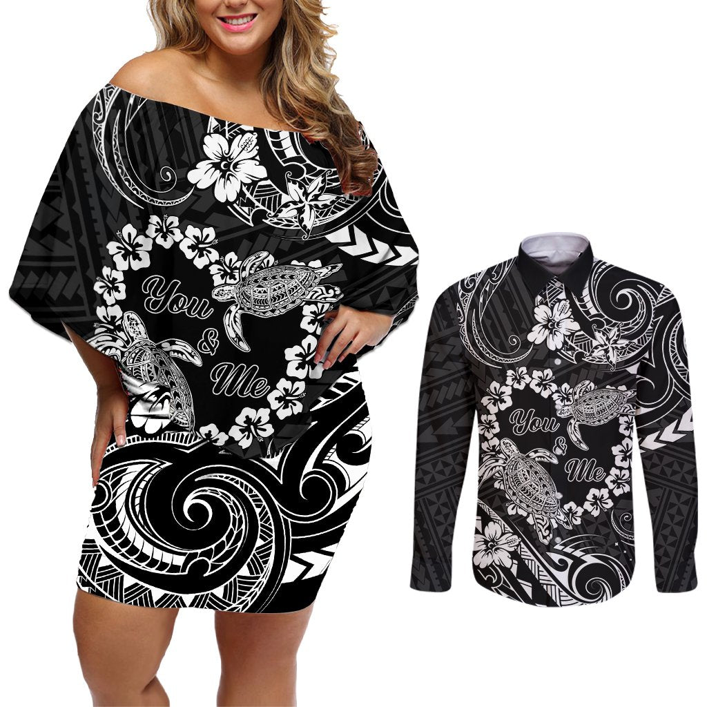 Polynesian Turtle Valentine Couples Matching Off Shoulder Short Dress and Long Sleeve Button Shirt You And Me Hibiscus Heart LT01 Black - Polynesian Pride