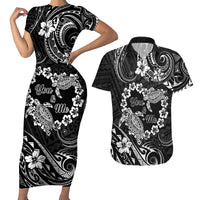Polynesian Turtle Valentine Couples Matching Short Sleeve Bodycon Dress and Hawaiian Shirt You And Me Hibiscus Heart LT01 Black - Polynesian Pride