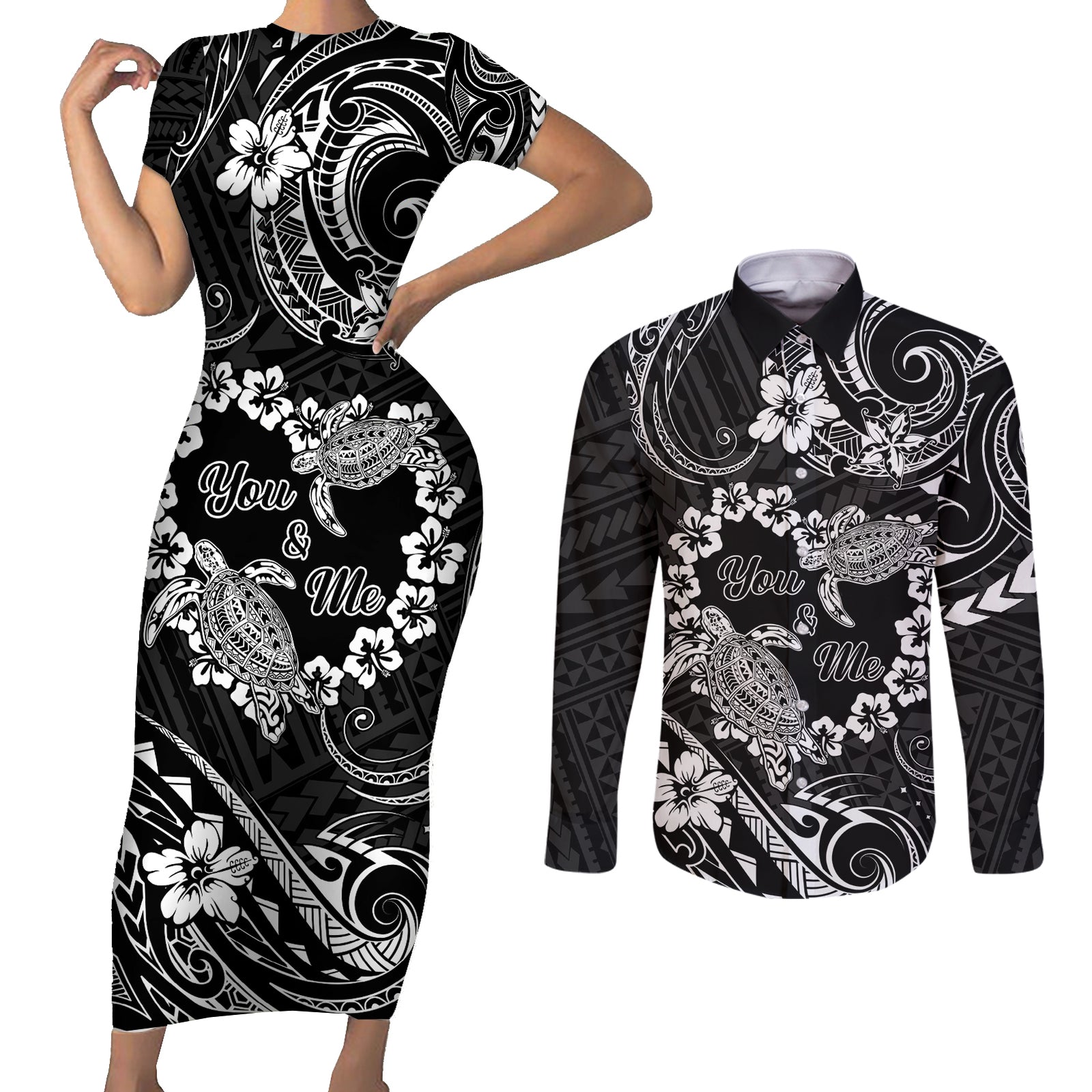Polynesian Turtle Valentine Couples Matching Short Sleeve Bodycon Dress and Long Sleeve Button Shirt You And Me Hibiscus Heart LT01 Black - Polynesian Pride