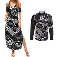 Polynesian Turtle Valentine Couples Matching Summer Maxi Dress and Long Sleeve Button Shirt You And Me Hibiscus Heart LT01 Black - Polynesian Pride