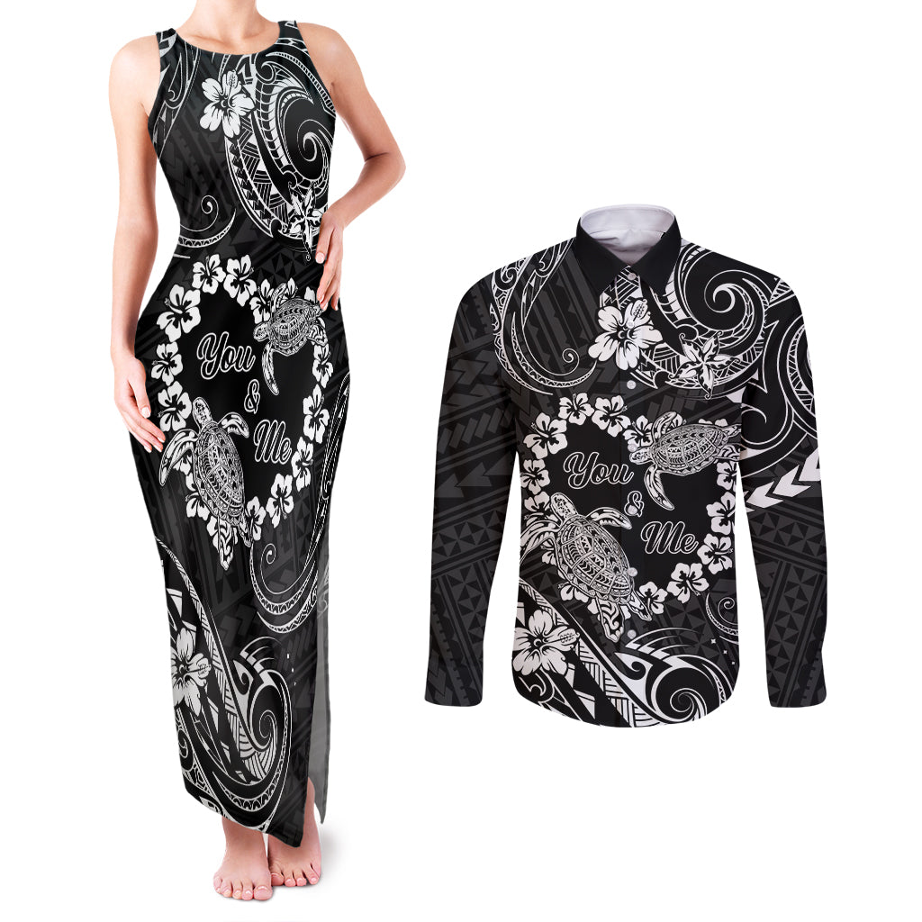 Polynesian Turtle Valentine Couples Matching Tank Maxi Dress and Long Sleeve Button Shirt You And Me Hibiscus Heart LT01 Black - Polynesian Pride