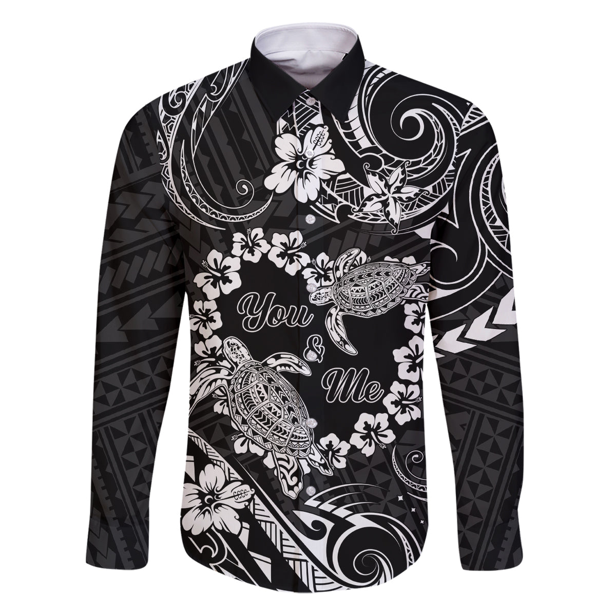Polynesian Turtle Valentine Family Matching Puletasi and Hawaiian Shirt You And Me Hibiscus Heart LT01 Dad's Shirt - Long Sleeve Black - Polynesian Pride