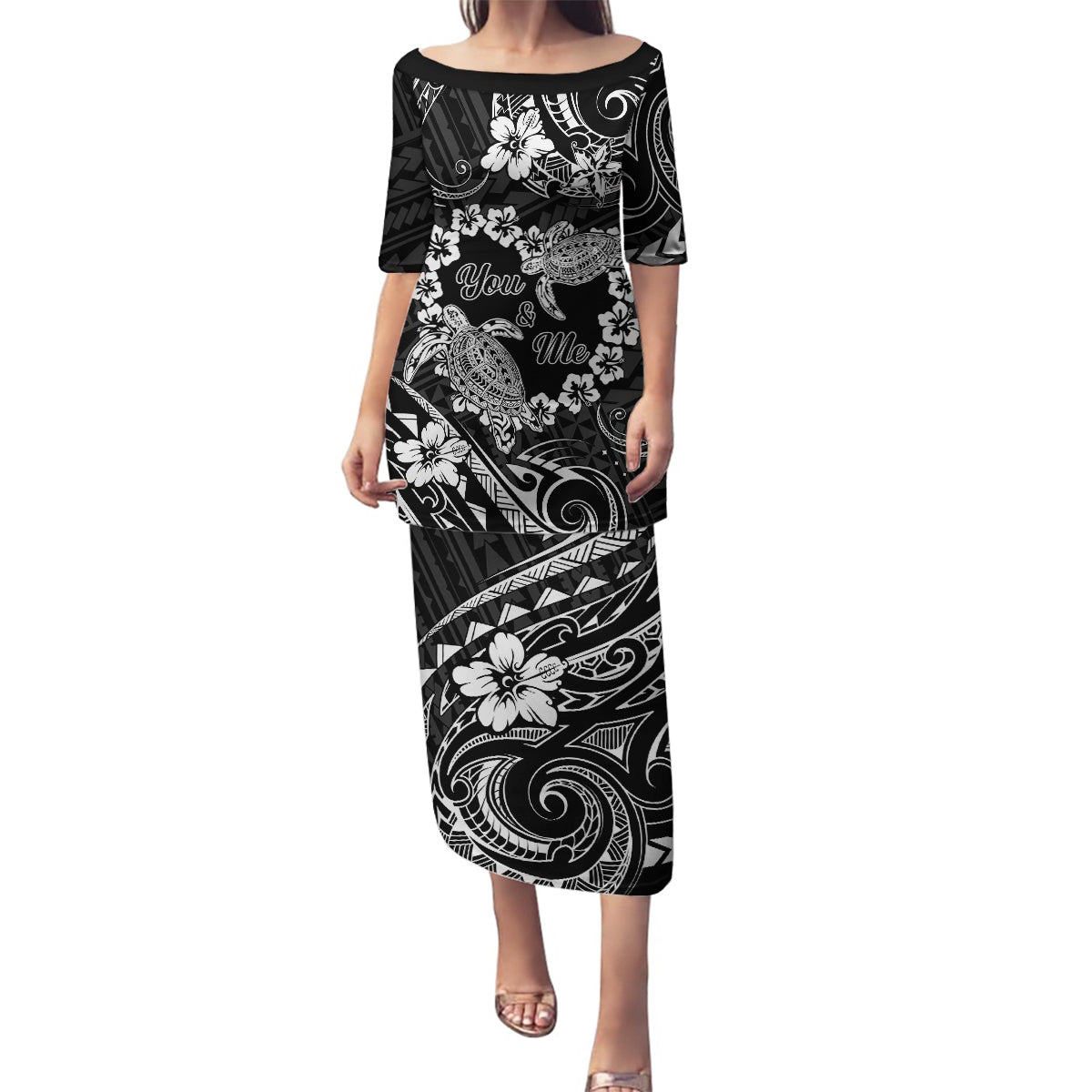 Polynesian Turtle Valentine Family Matching Puletasi and Hawaiian Shirt You And Me Hibiscus Heart LT01 Mom's Dress Black - Polynesian Pride