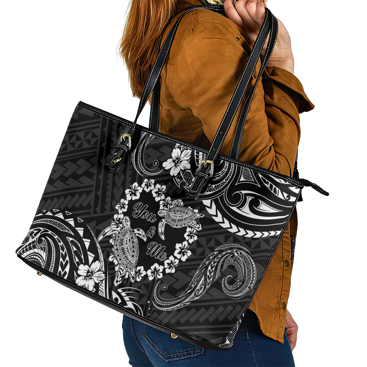 Polynesian Turtle Valentine Leather Tote Bag You And Me Hibiscus Heart LT01 - Polynesian Pride