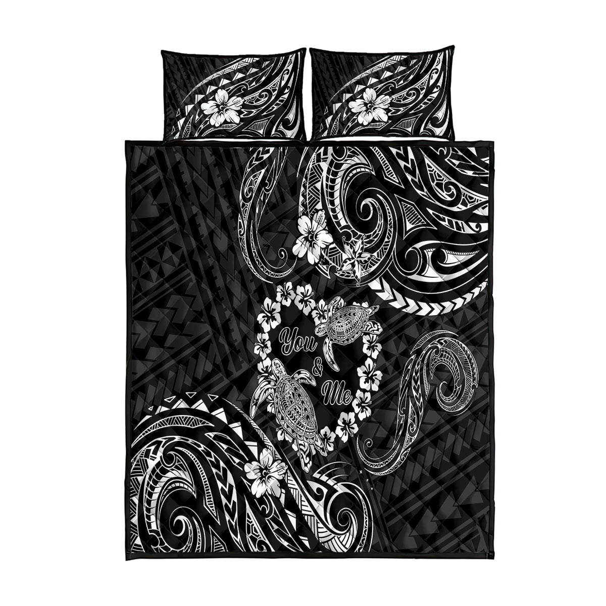 Polynesian Turtle Valentine Quilt Bed Set You And Me Hibiscus Heart LT01 Black - Polynesian Pride
