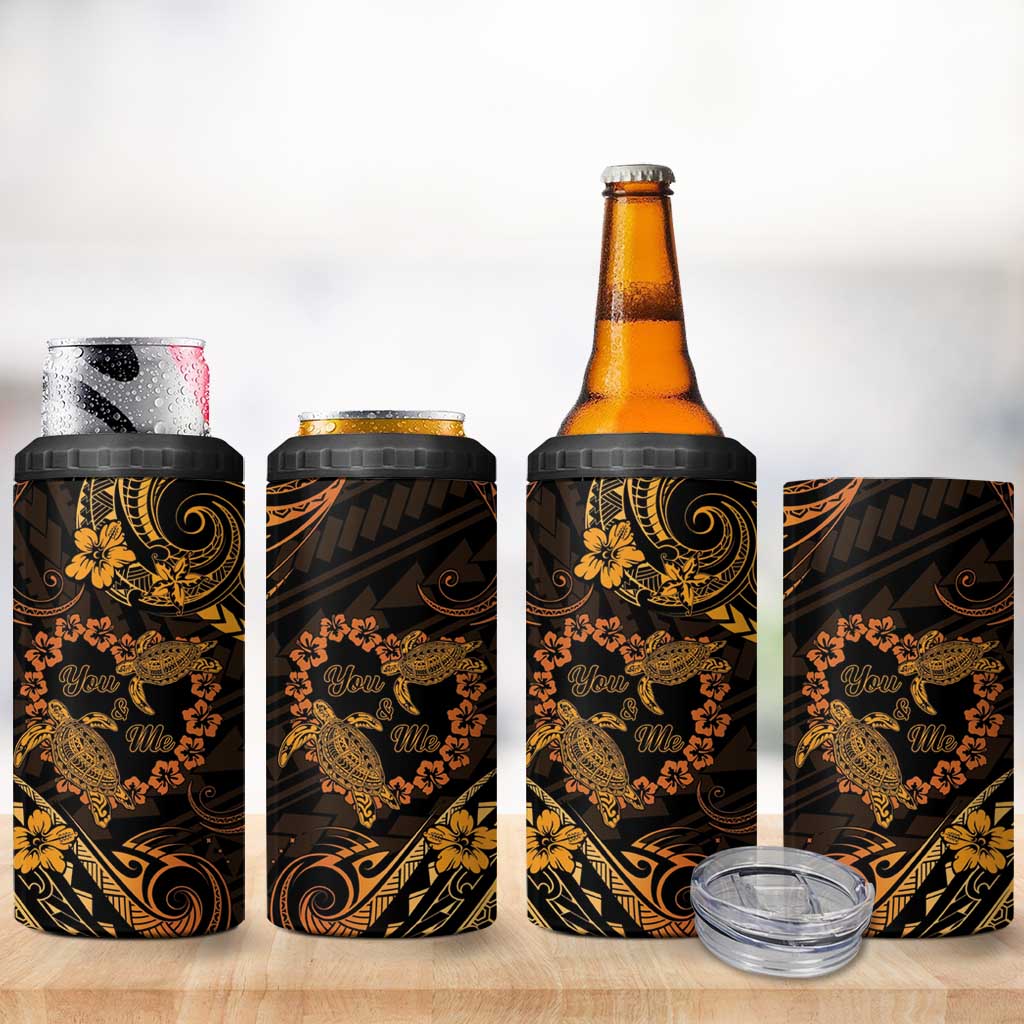 Polynesian Turtle Valentine 4 in 1 Can Cooler Tumbler You And Me Gold Hibiscus Heart