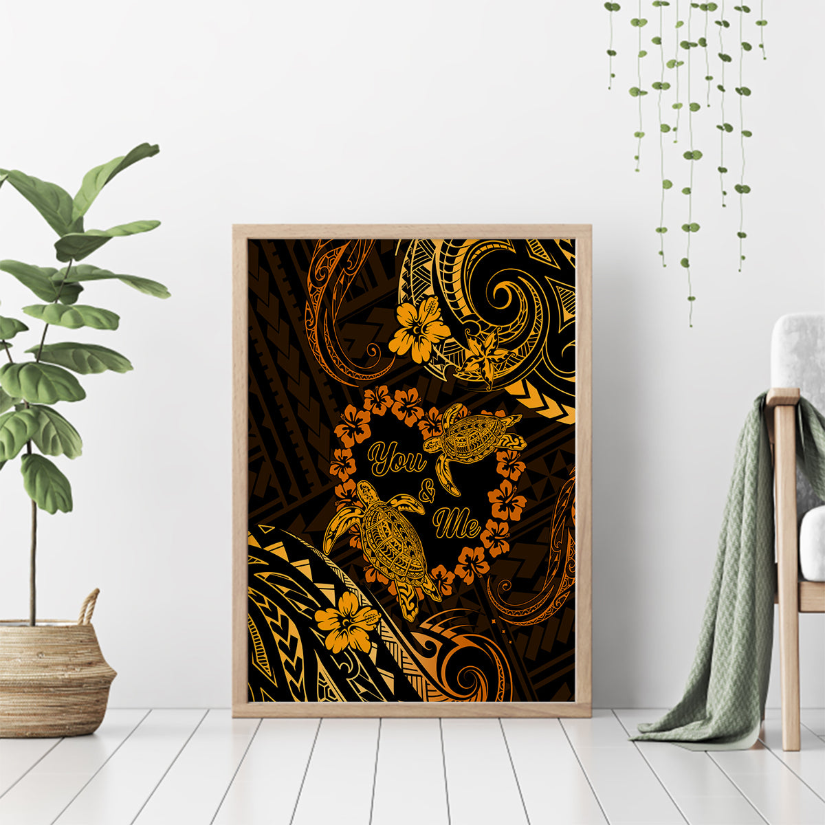 Polynesian Turtle Valentine Canvas Wall Art You And Me Gold Hibiscus Heart LT01 - Polynesian Pride