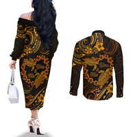 Polynesian Turtle Valentine Couples Matching Off The Shoulder Long Sleeve Dress and Long Sleeve Button Shirt You And Me Gold Hibiscus Heart LT01 - Polynesian Pride
