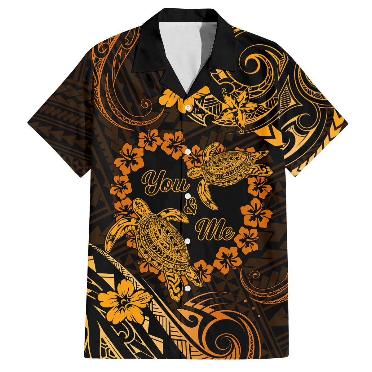 Polynesian Turtle Valentine Family Matching Off Shoulder Short Dress and Hawaiian Shirt You And Me Gold Hibiscus Heart LT01 Dad's Shirt - Short Sleeve Gold - Polynesian Pride