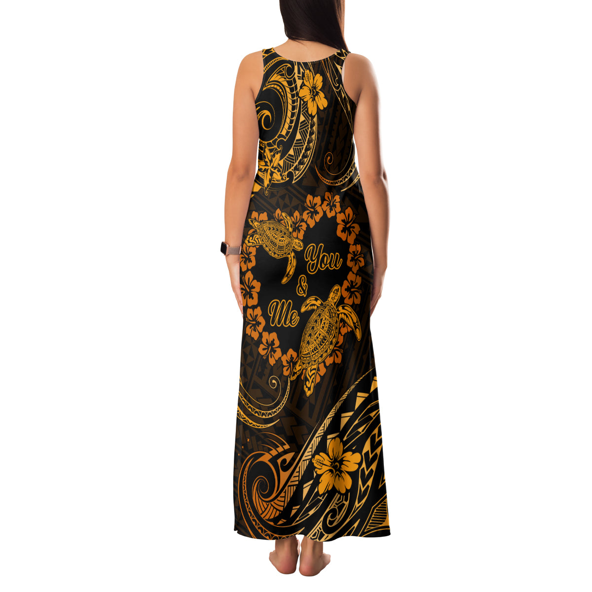 Polynesian Turtle Valentine Family Matching Tank Maxi Dress and Hawaiian Shirt You And Me Gold Hibiscus Heart LT01 - Polynesian Pride