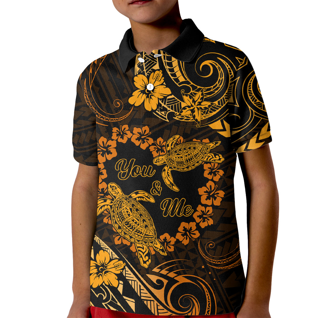 Polynesian Turtle Valentine Kid Polo Shirt You And Me Gold Hibiscus Heart LT01 Kid Gold - Polynesian Pride