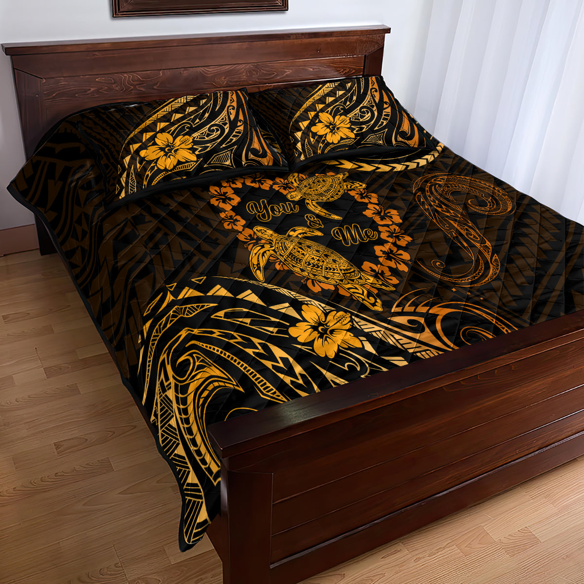 Polynesian Turtle Valentine Quilt Bed Set You And Me Gold Hibiscus Heart LT01 - Polynesian Pride