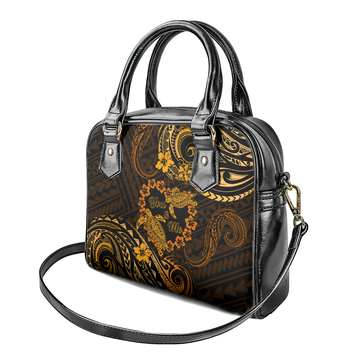 Polynesian Turtle Valentine Shoulder Handbag You And Me Gold Hibiscus Heart LT01 - Polynesian Pride