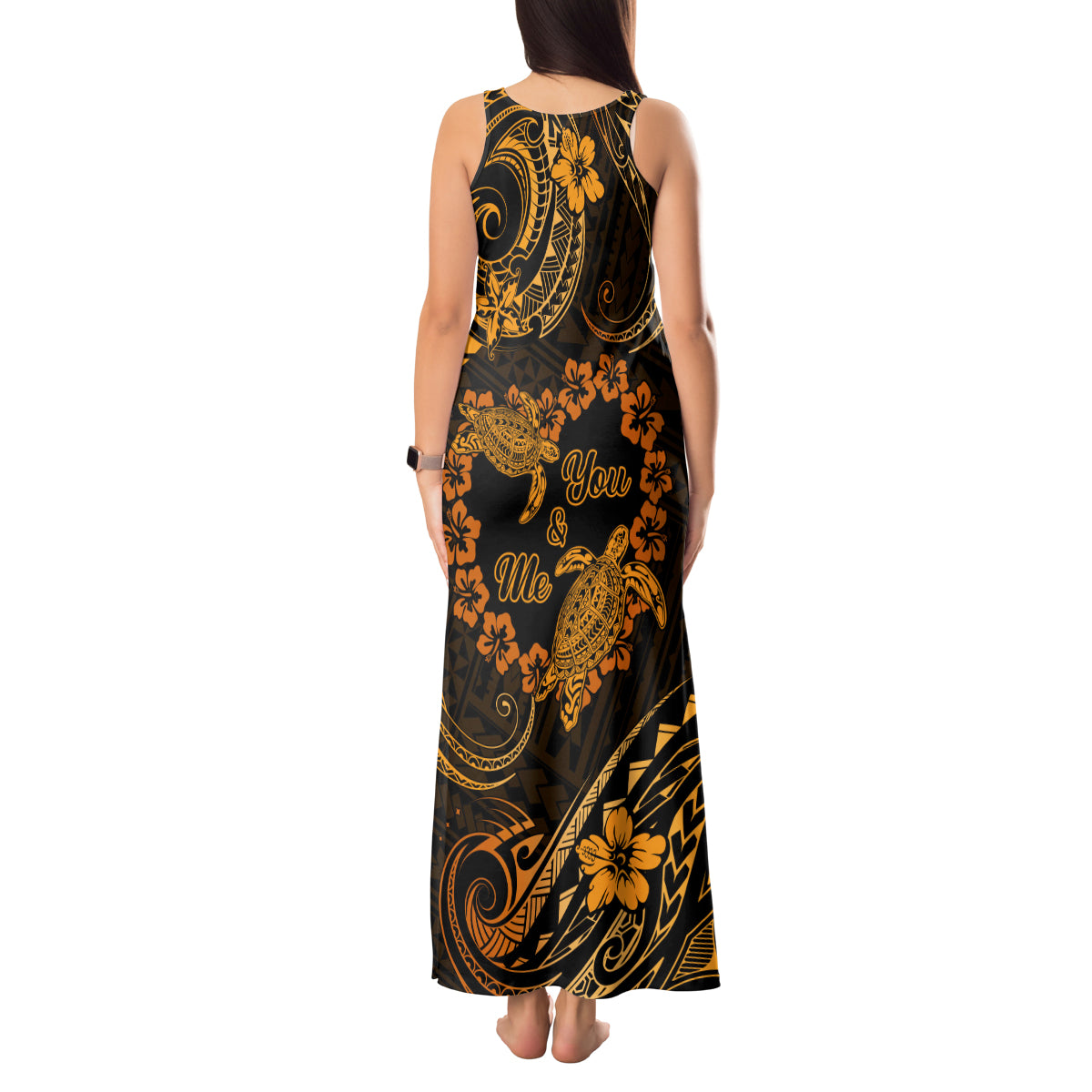 Polynesian Turtle Valentine Tank Maxi Dress You And Me Gold Hibiscus Heart LT01 - Polynesian Pride